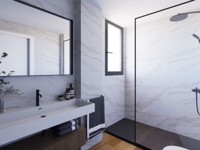 Salle de bain moderne avec carrelage mural effet marbre, meuble-lavabo suspendu en bois foncé et vasque blanche intégrée. Douche à l'italienne avec paroi vitrée et robinetterie noire, éclairée par une fenêtre haute.