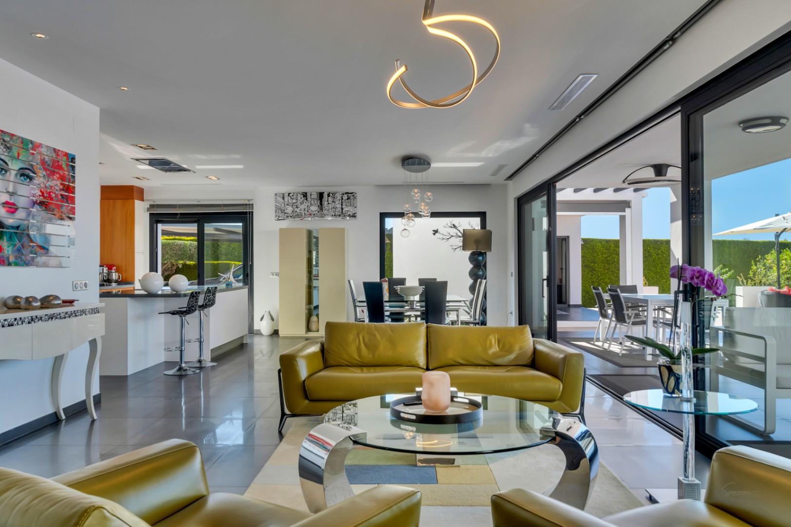 Espace de vie ouvert avec canapés en cuir vert olive, table basse en verre et accès direct à la terrasse extérieure par de grandes baies vitrées. Éclairage contemporain.