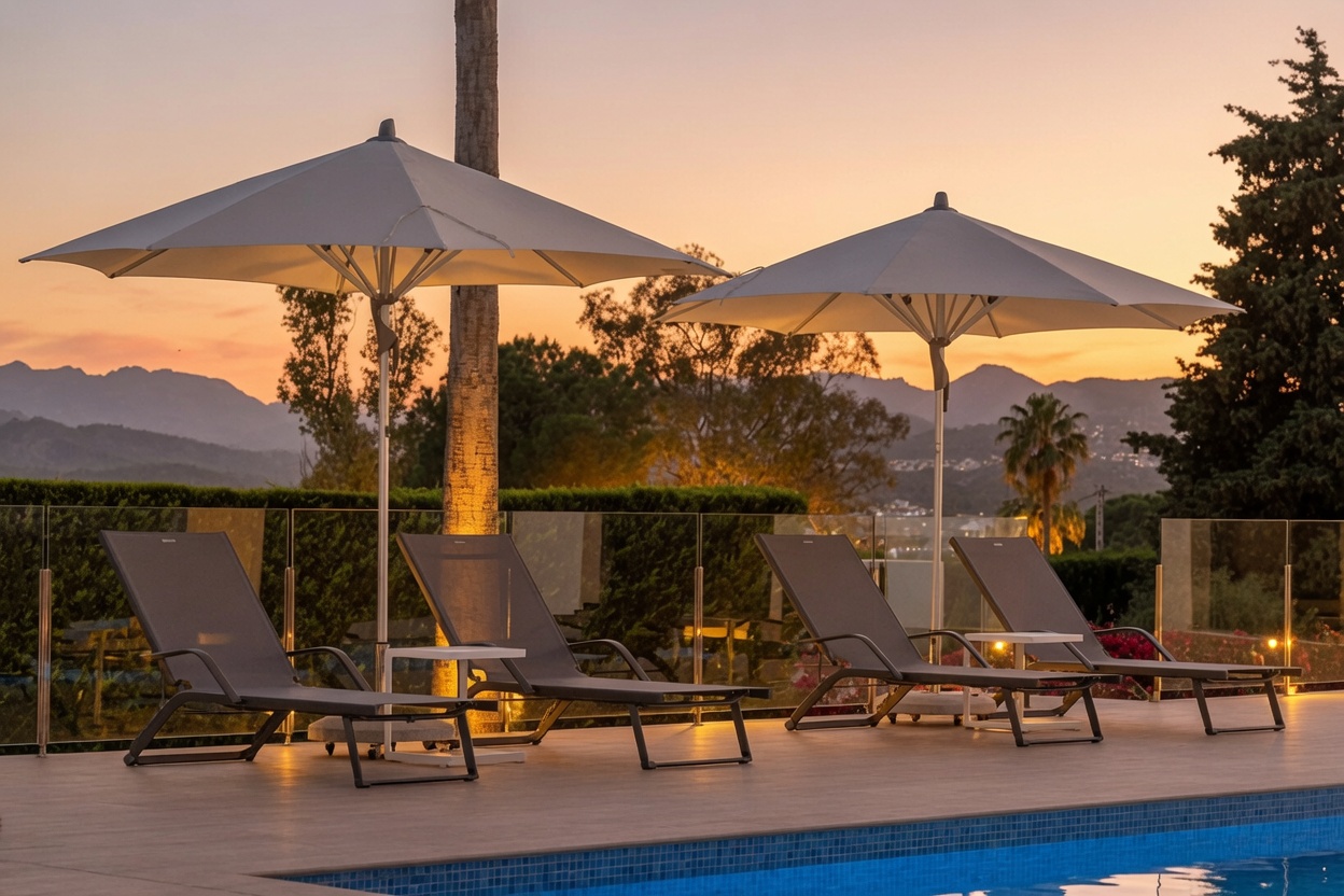 Terrasse de piscine au crépuscule avec quatre chaises longues grises, deux parasols éclairés et une balustrade en verre, offrant des vues sur les montagnes.