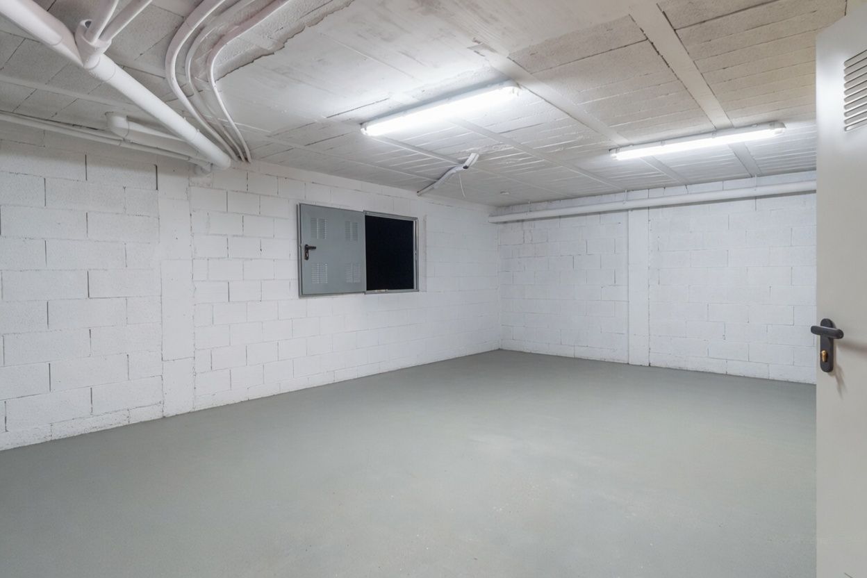 Vaste espace inférieur ouvert avec murs en blocs blancs, sol gris clair et installations de plafond apparentes, éclairé par des néons.