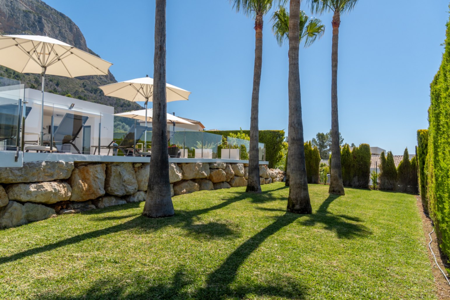 Vaste pelouse verdoyante bordée de palmiers matures, menant à une terrasse moderne avec balustrade en verre, chaises longues et parasols, adossée à un mur de pierre naturelle et vue sur la montagne.