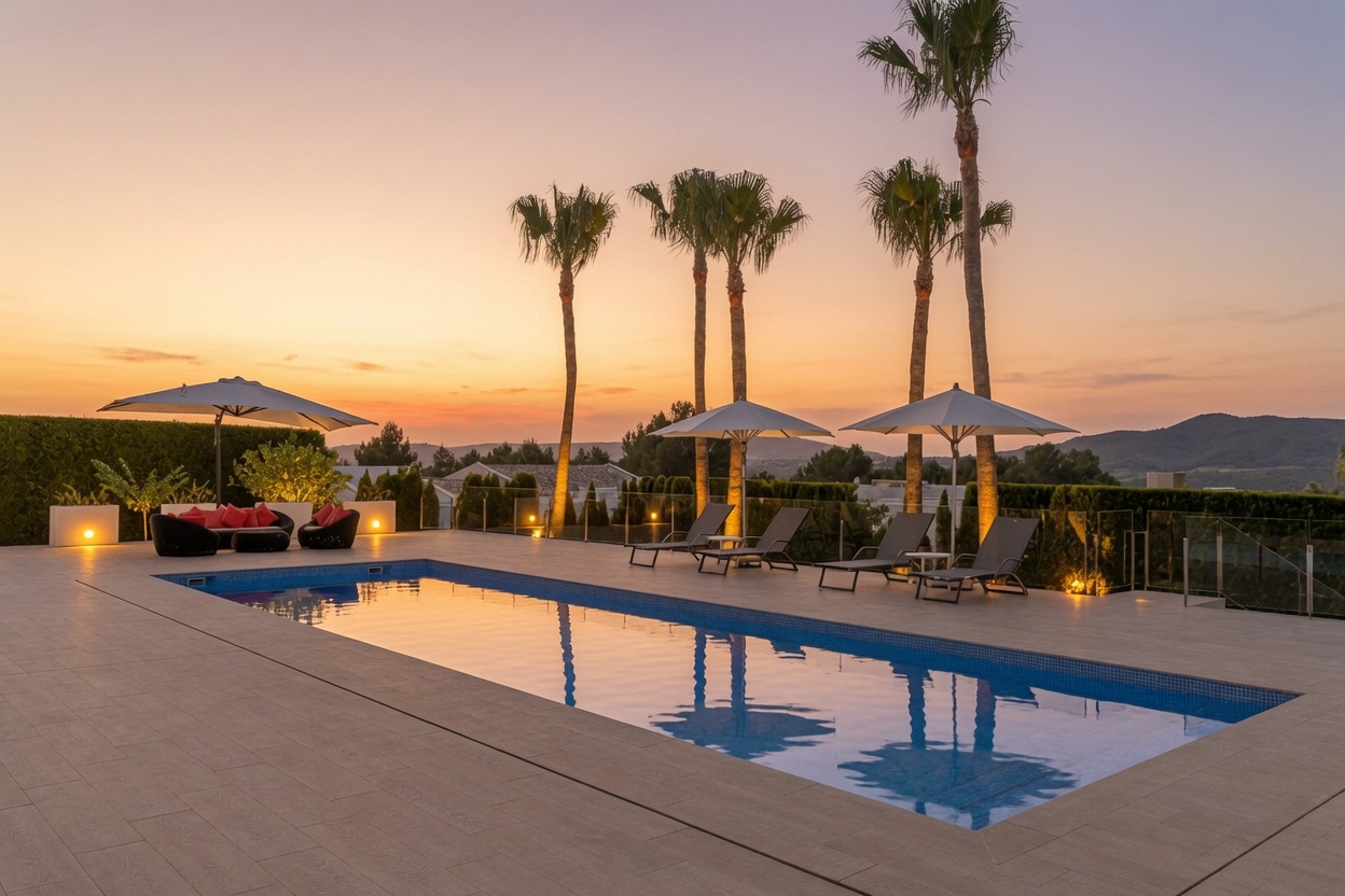 Vaste terrasse de piscine extérieure avec chaises longues élégantes, palmiers illuminés et coin salon, encadrée par un coucher de soleil vibrant et des vues naturelles.
