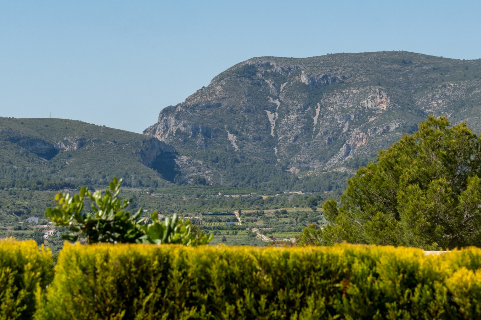 Vues panoramiques sur la chaîne de montagnes du Montgó et la vallée luxuriante, encadrées par une végétation méditerranéenne vive sous un ciel bleu clair.