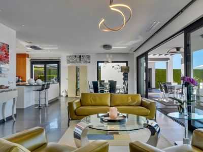 Espace de vie ouvert avec canapés en cuir vert olive, table basse en verre et accès direct à la terrasse extérieure par de grandes baies vitrées. Éclairage contemporain.