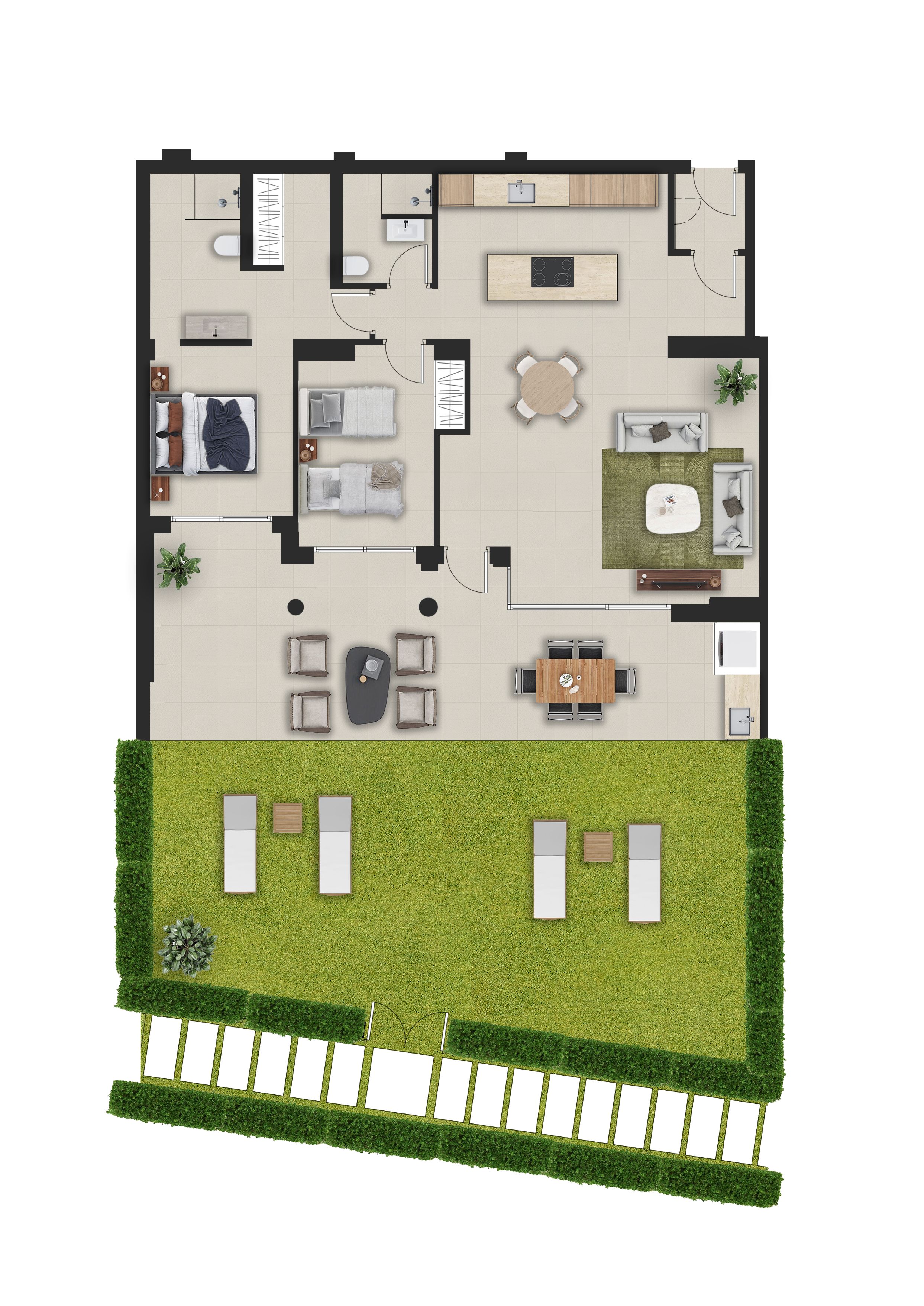 Appartement en rez-de-chaussée avec deux chambres, deux salles de bain, cuisine ouverte et salon, donnant sur une terrasse couverte et un jardin privé avec chaises longues.