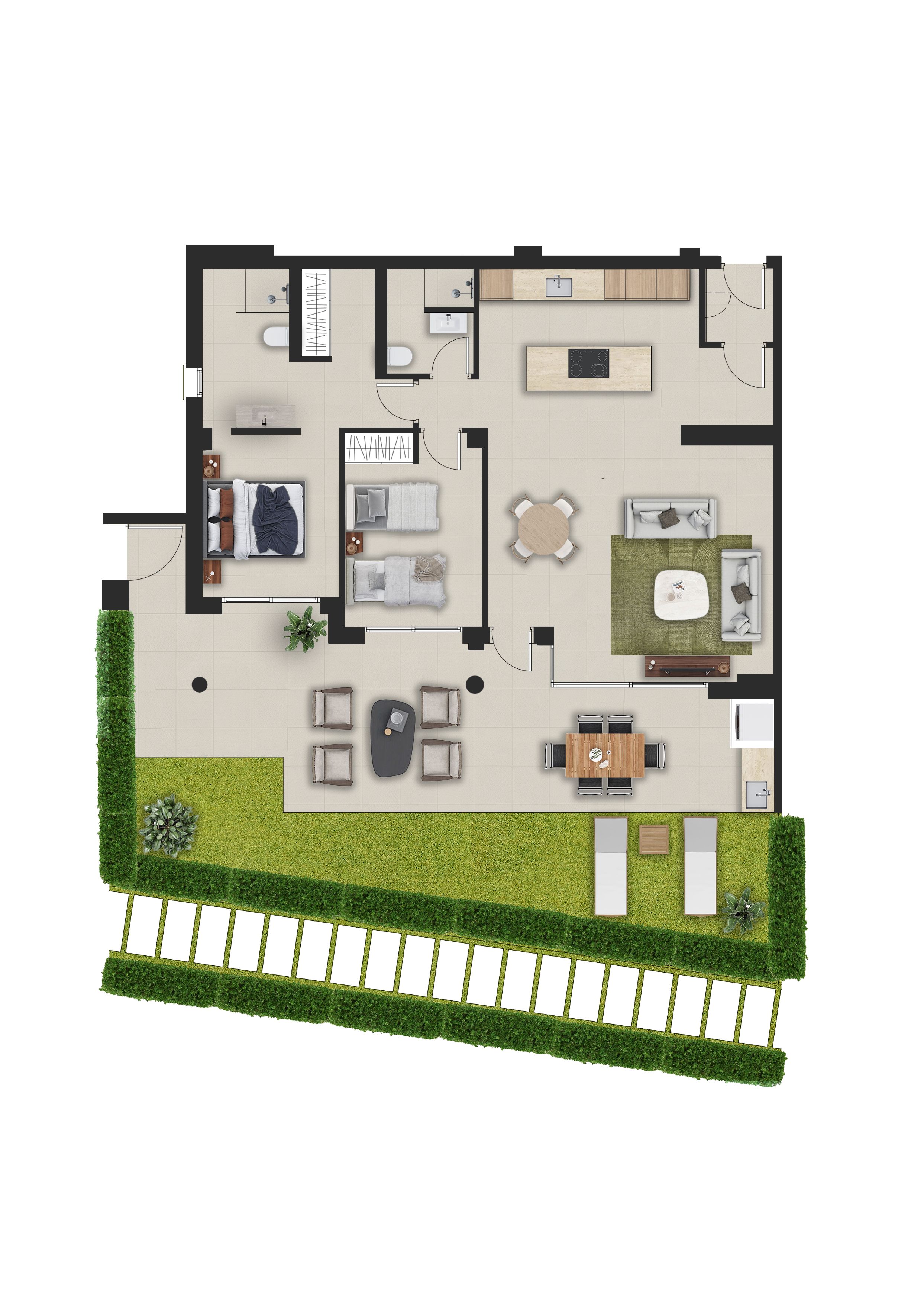 Plan détaillé d'un appartement en rez-de-chaussée comprenant deux chambres, deux salles de bain, un espace de vie ouvert, une grande terrasse carrelée et un jardin privé avec pelouse.