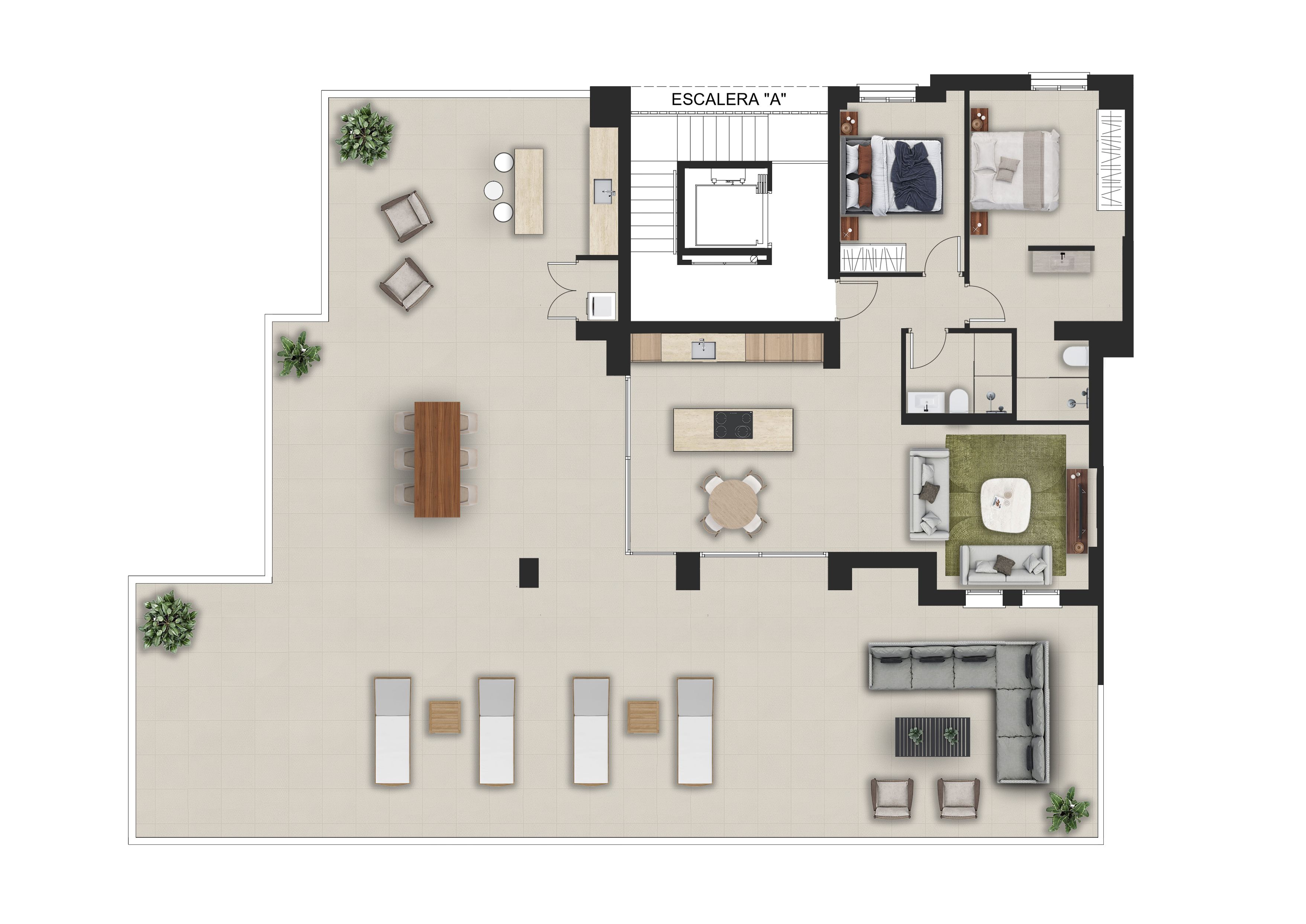 Plan détaillé d'un penthouse avec une vaste terrasse carrelée, des zones distinctes pour repas, détente et bain de soleil. L'intérieur comprend deux chambres, deux salles de bain et un espace de vie ouvert.