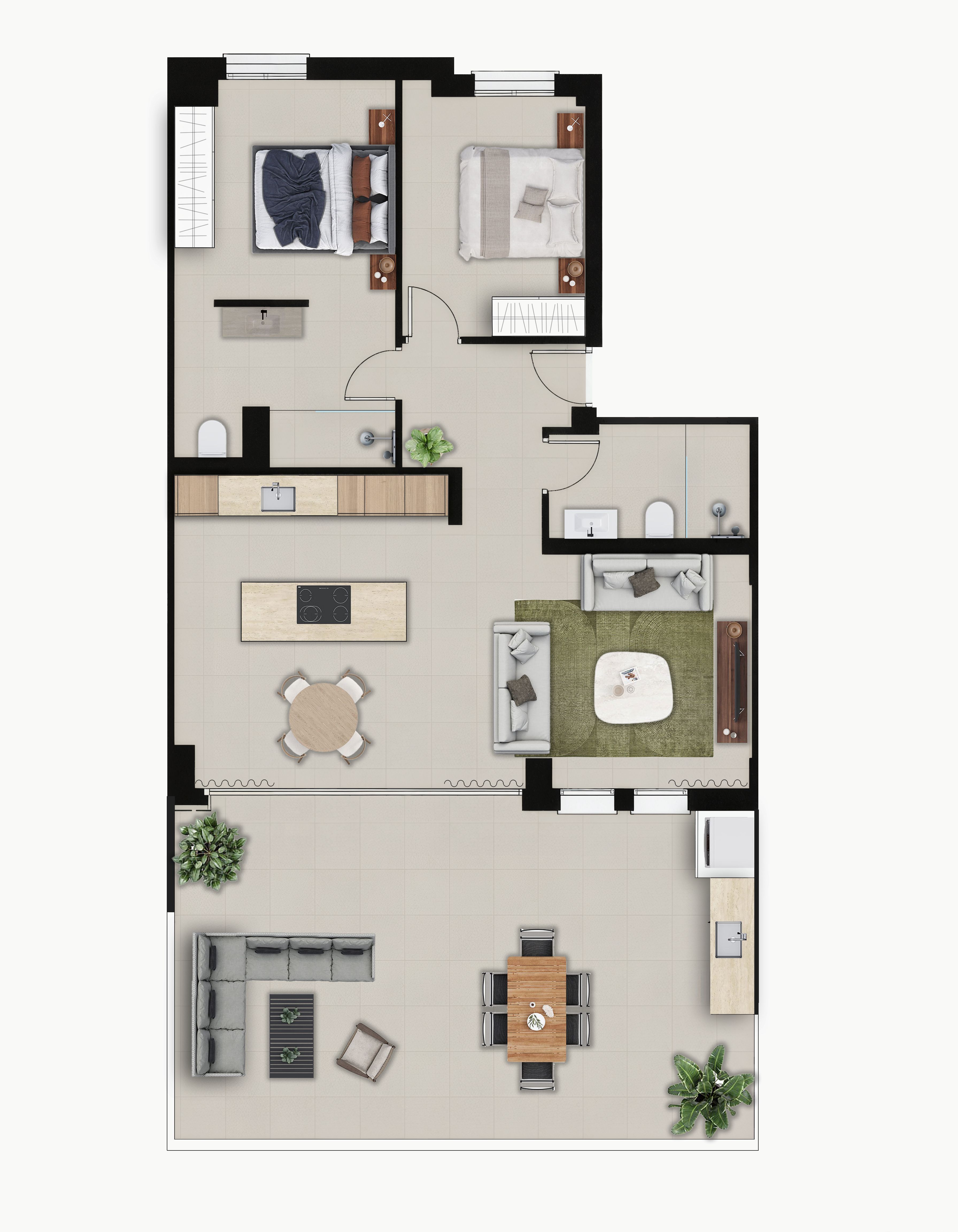 Plan détaillé d'une résidence moderne comprenant deux chambres, deux salles de bains, une cuisine ouverte avec îlot et un vaste salon donnant sur une grande terrasse extérieure avec espaces repas et détente.
