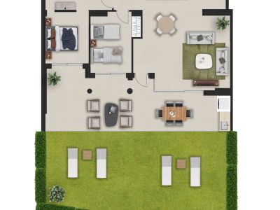 Appartement en rez-de-chaussée avec deux chambres, deux salles de bain, cuisine ouverte et salon, donnant sur une terrasse couverte et un jardin privé avec chaises longues.