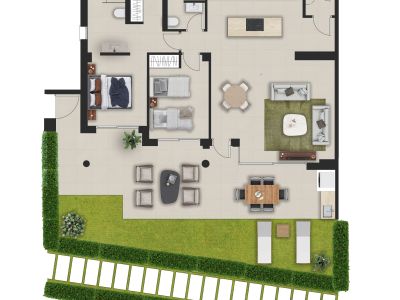 Plan détaillé d'un appartement en rez-de-chaussée comprenant deux chambres, deux salles de bain, un espace de vie ouvert, une grande terrasse carrelée et un jardin privé avec pelouse.