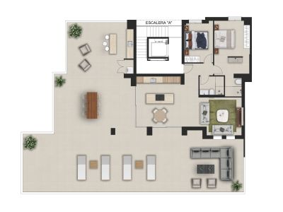 Plan détaillé d'un penthouse avec une vaste terrasse carrelée, des zones distinctes pour repas, détente et bain de soleil. L'intérieur comprend deux chambres, deux salles de bain et un espace de vie ouvert.