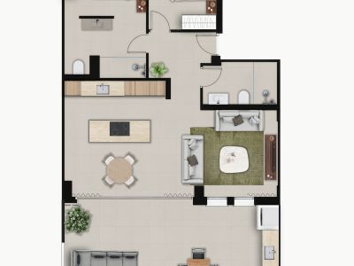Plan détaillé d'une résidence moderne comprenant deux chambres, deux salles de bains, une cuisine ouverte avec îlot et un vaste salon donnant sur une grande terrasse extérieure avec espaces repas et détente.