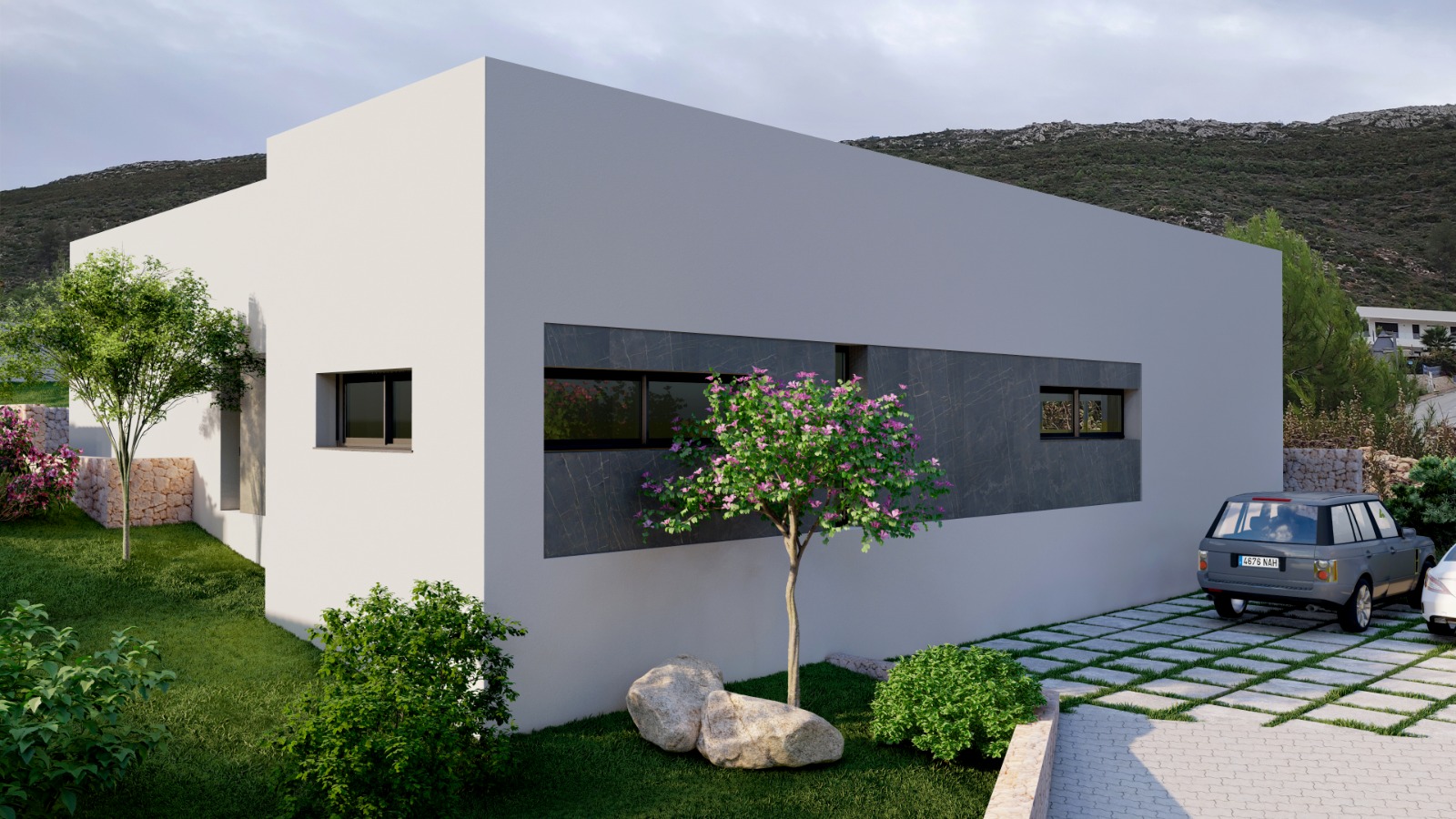 Extérieur de villa moderne avec façade blanche, panneaux texturés gris foncé et fenêtres horizontales. Jardin paysager avec arbre fleuri et allée pavée engazonnée. Extérieur de villa moderne avec façade blanche, panneaux texturés gris foncé et fenêtres horizontales. Jardin paysager avec arbre fleuri et allée pavée engazonnée.