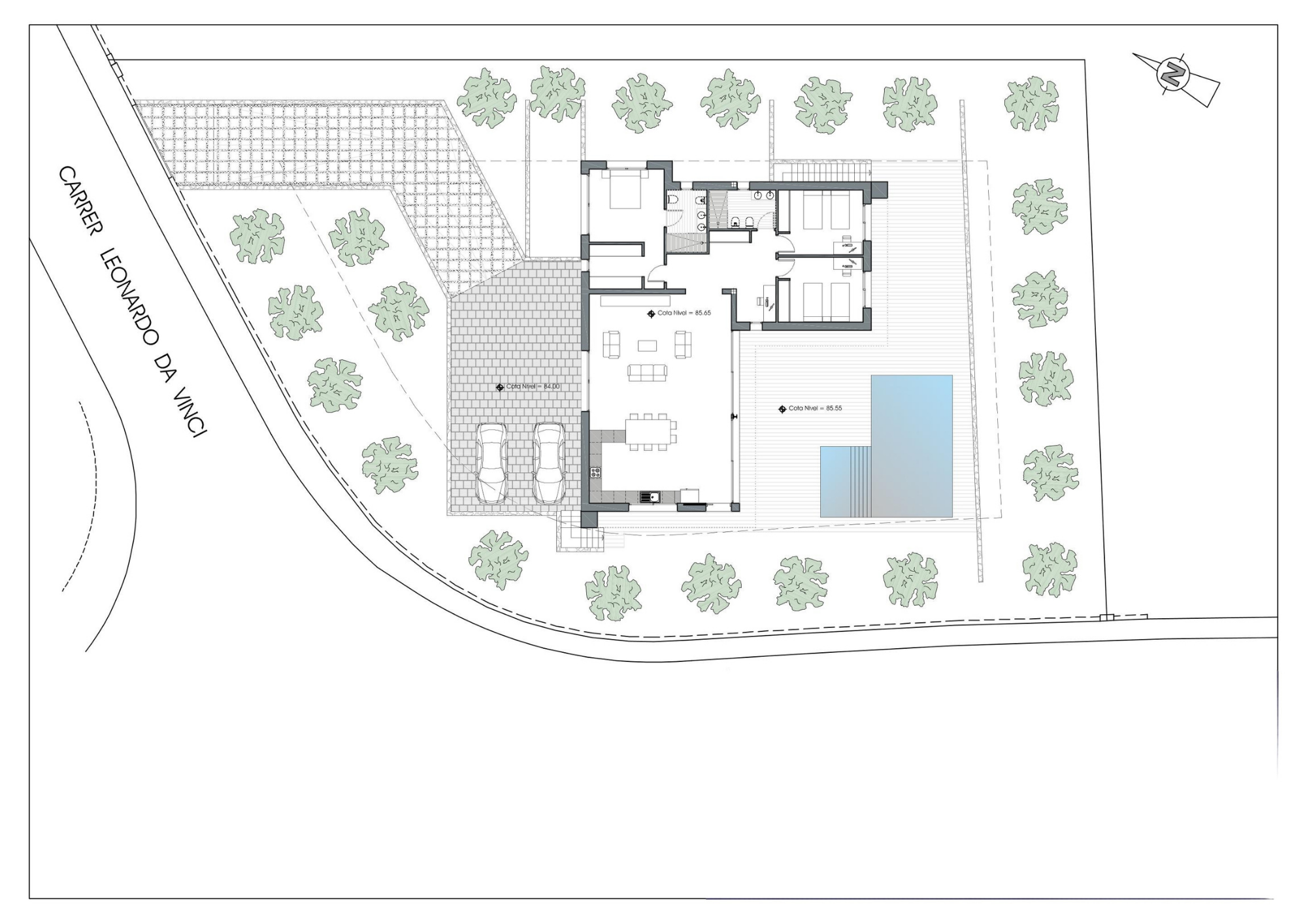 Plan de masse d'une villa moderne de 3 chambres avec garage double, piscine et terrasses en bois. Détaille l'aménagement paysager et l'accès depuis la rue Leonardo da Vinci. Plan de masse d'une villa moderne de 3 chambres avec garage double, piscine et terrasses en bois. Détaille l'aménagement paysager et l'accès depuis la rue Leonardo da Vinci.