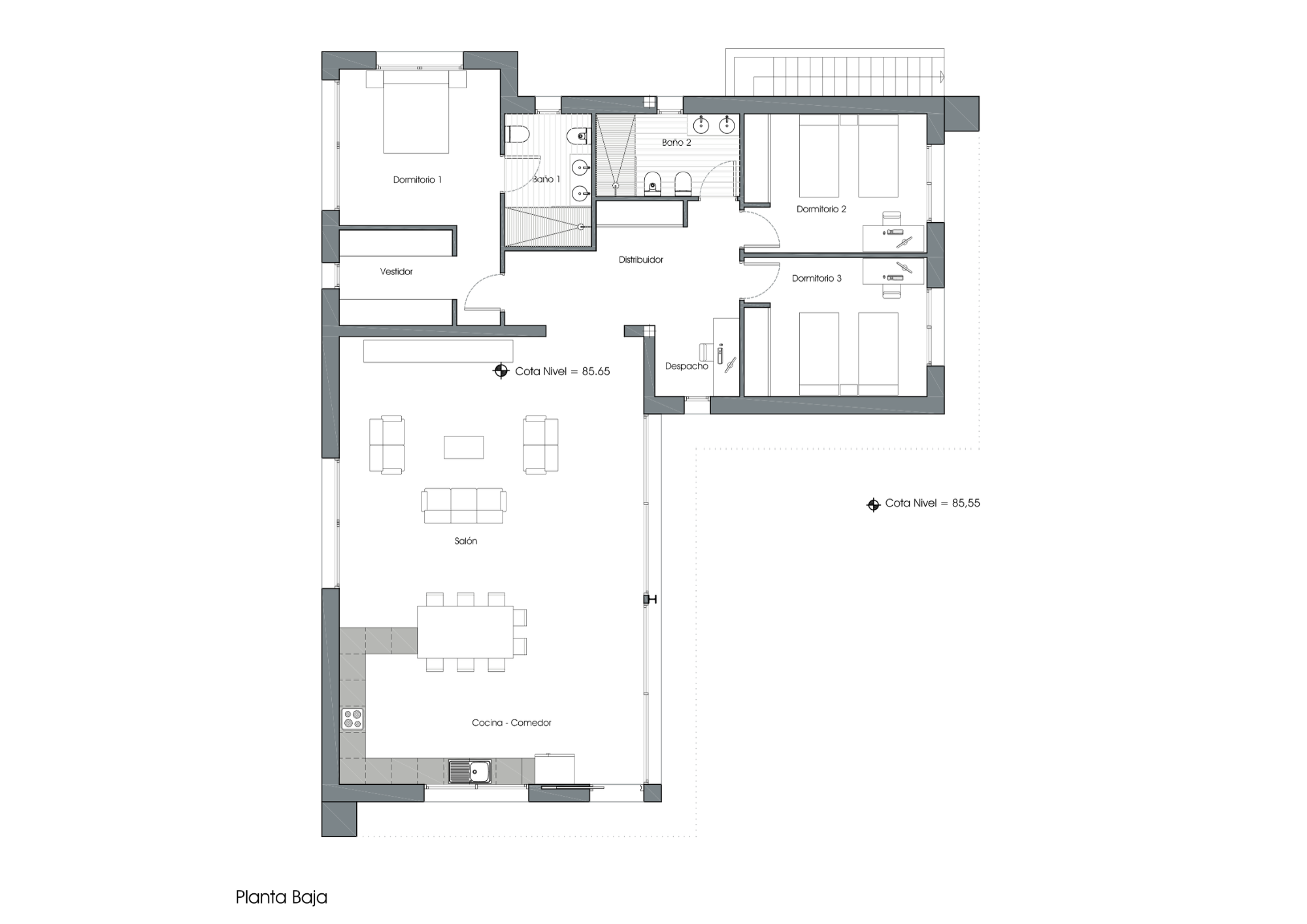 Plan détaillé du rez-de-chaussée : cuisine-salle à manger-salon ouvert, suite parentale avec dressing, deux chambres, bureau et deux salles de bain, accès direct à la terrasse. Plan détaillé du rez-de-chaussée : cuisine-salle à manger-salon ouvert, suite parentale avec dressing, deux chambres, bureau et deux salles de bain, accès direct à la terrasse.