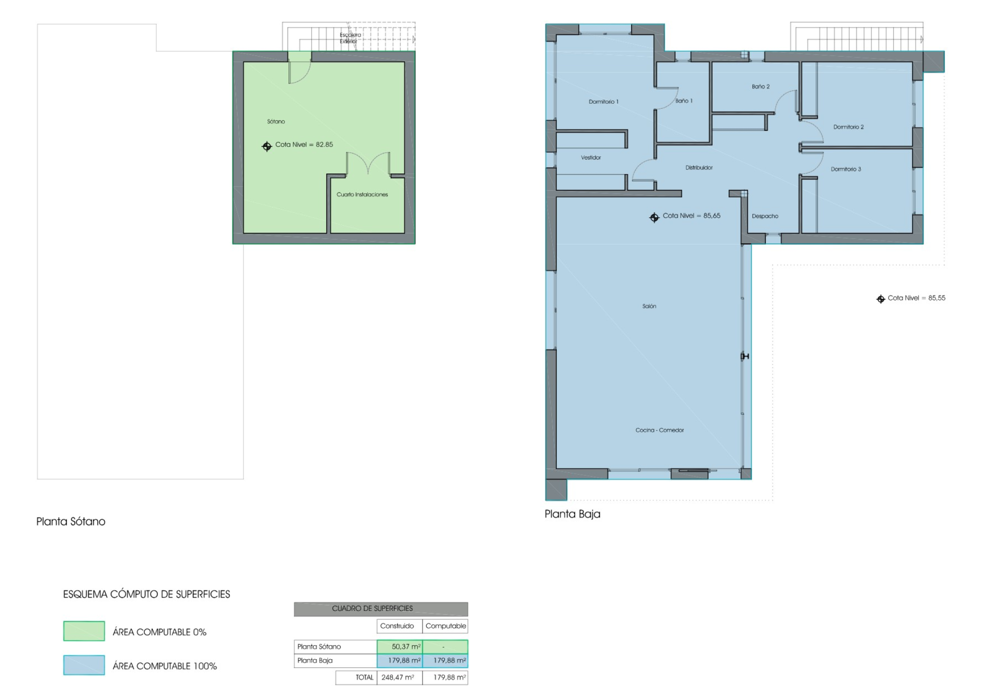Plans architecturaux de la villa, détaillant le sous-sol de 50,37 m² et le rez-de-chaussée de 179,88 m² avec 3 chambres, salon et cuisine-salle à manger. Plans architecturaux de la villa, détaillant le sous-sol de 50,37 m² et le rez-de-chaussée de 179,88 m² avec 3 chambres, salon et cuisine-salle à manger.