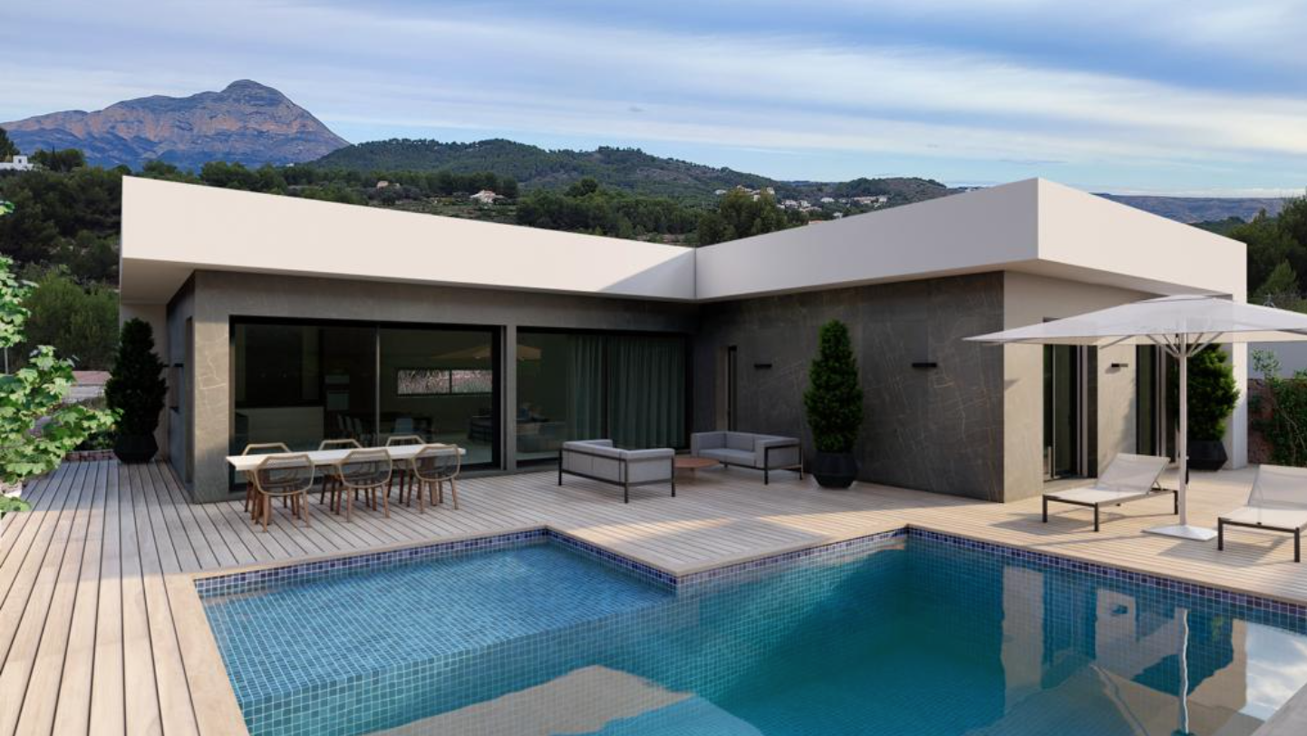 Villa moderne avec revêtement sombre, piscine en mosaïque bleue et terrasse en bois, aménagée avec mobilier extérieur et vue sur la montagne. Villa moderne avec revêtement sombre, piscine en mosaïque bleue et terrasse en bois, aménagée avec mobilier extérieur et vue sur la montagne.