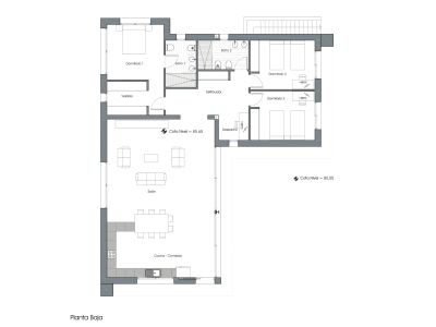 Plan détaillé du rez-de-chaussée : cuisine-salle à manger-salon ouvert, suite parentale avec dressing, deux chambres, bureau et deux salles de bain, accès direct à la terrasse.