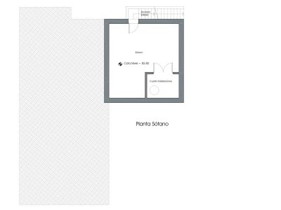 Plan détaillé du sous-sol présentant un espace principal, un local technique séparé et un escalier extérieur d'accès. Indique la cote de niveau.