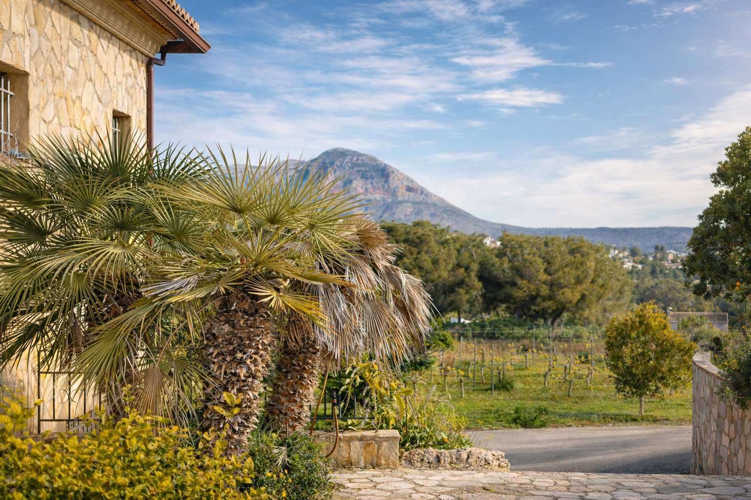 Angle extérieur de la propriété avec façade en pierre naturelle et palmiers, offrant des vues sur les vignobles de la vallée et l'imposant Montgó. Angle extérieur de la propriété avec façade en pierre naturelle et palmiers, offrant des vues sur les vignobles de la vallée et l'imposant Montgó.