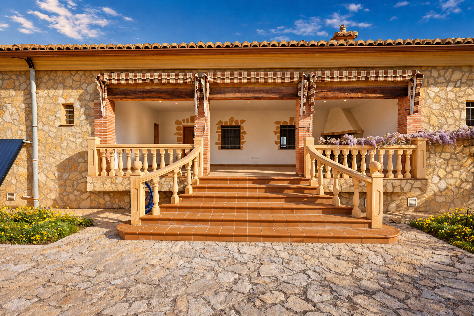 Entrée principale avec vaste naya au sol en terre cuite, façade en pierre naturelle et escalier à balustrade classique. Une cheminée, de la glycine et un panneau solaire sont visibles. Entrée principale avec vaste naya au sol en terre cuite, façade en pierre naturelle et escalier à balustrade classique. Une cheminée, de la glycine et un panneau solaire sont visibles.