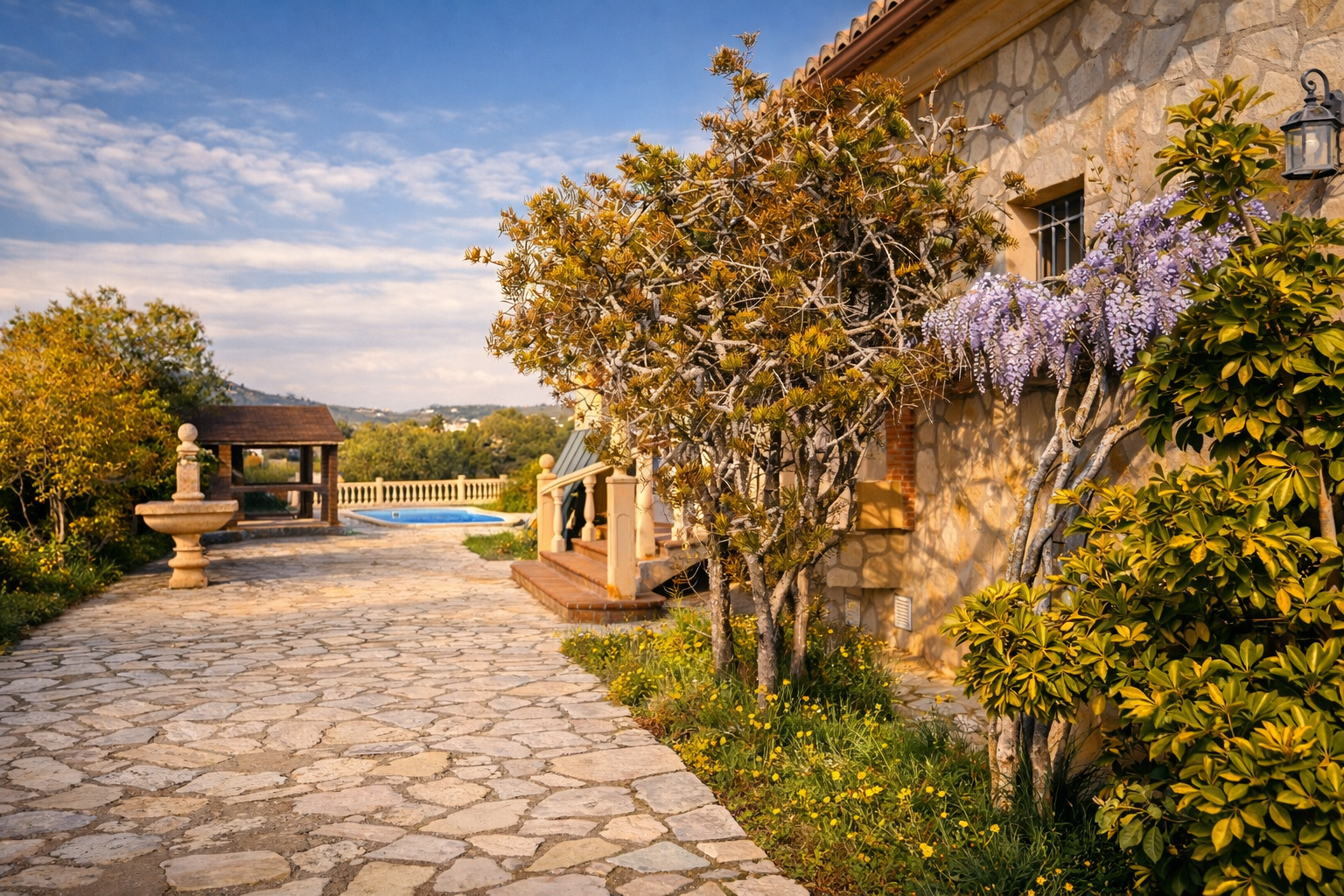 Façade en pierre de la finca avec glycine en fleurs. Un chemin dallé mène à la piscine et à une pergola en bois, avec une fontaine en pierre dans le jardin. Façade en pierre de la finca avec glycine en fleurs. Un chemin dallé mène à la piscine et à une pergola en bois, avec une fontaine en pierre dans le jardin.