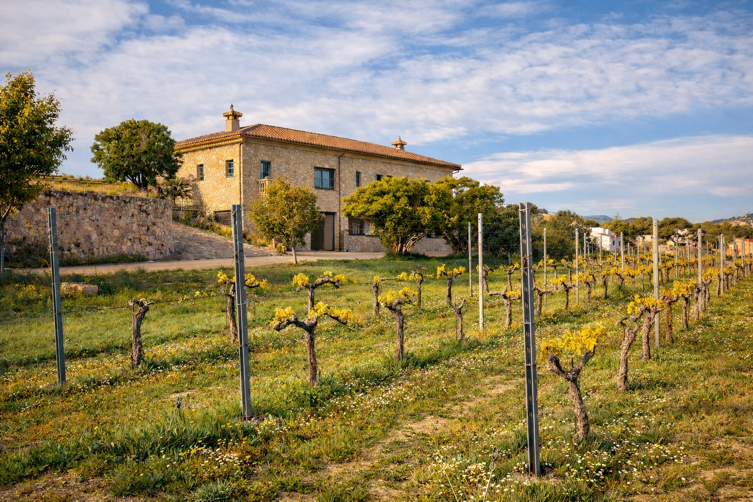 Finca rustique en pierre avec toit de tuiles, encadrée par un vignoble aux jeunes feuilles jaunes et fleurs sauvages sous un ciel bleu. Finca rustique en pierre avec toit de tuiles, encadrée par un vignoble aux jeunes feuilles jaunes et fleurs sauvages sous un ciel bleu.