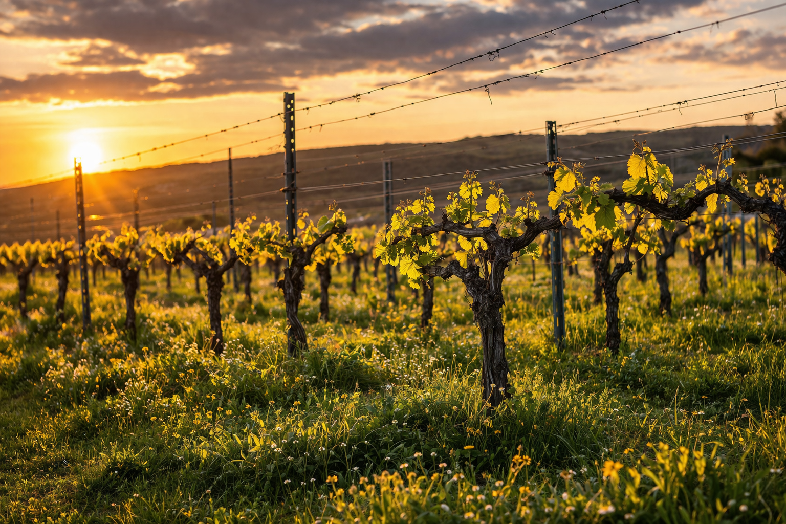 La lumière dorée du crépuscule illumine les jeunes feuilles des vignes palissées, sur un tapis d'herbe et de petites fleurs sauvages. Un coucher de soleil chaud brille à l'horizon. La lumière dorée du crépuscule illumine les jeunes feuilles des vignes palissées, sur un tapis d'herbe et de petites fleurs sauvages. Un coucher de soleil chaud brille à l'horizon.