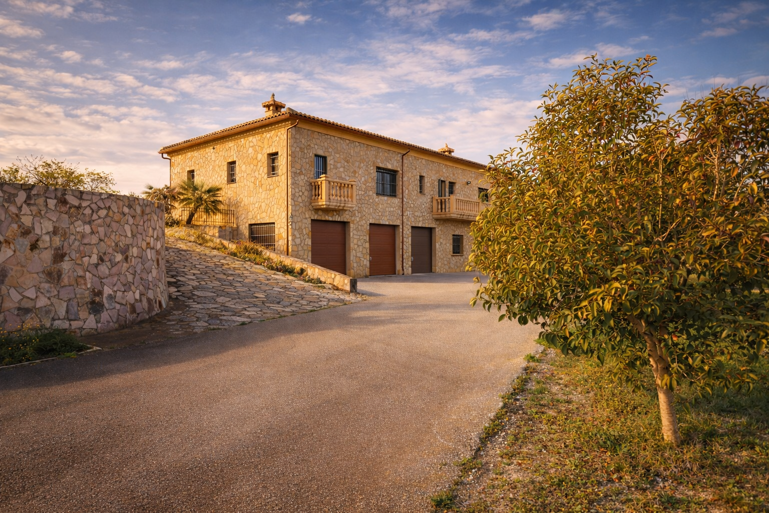 L'extérieur en pierre de la finca comprend trois garages intégrés et d'élégants balcons, accessible par une allée pavée et un mur de pierre incurvé. L'extérieur en pierre de la finca comprend trois garages intégrés et d'élégants balcons, accessible par une allée pavée et un mur de pierre incurvé.