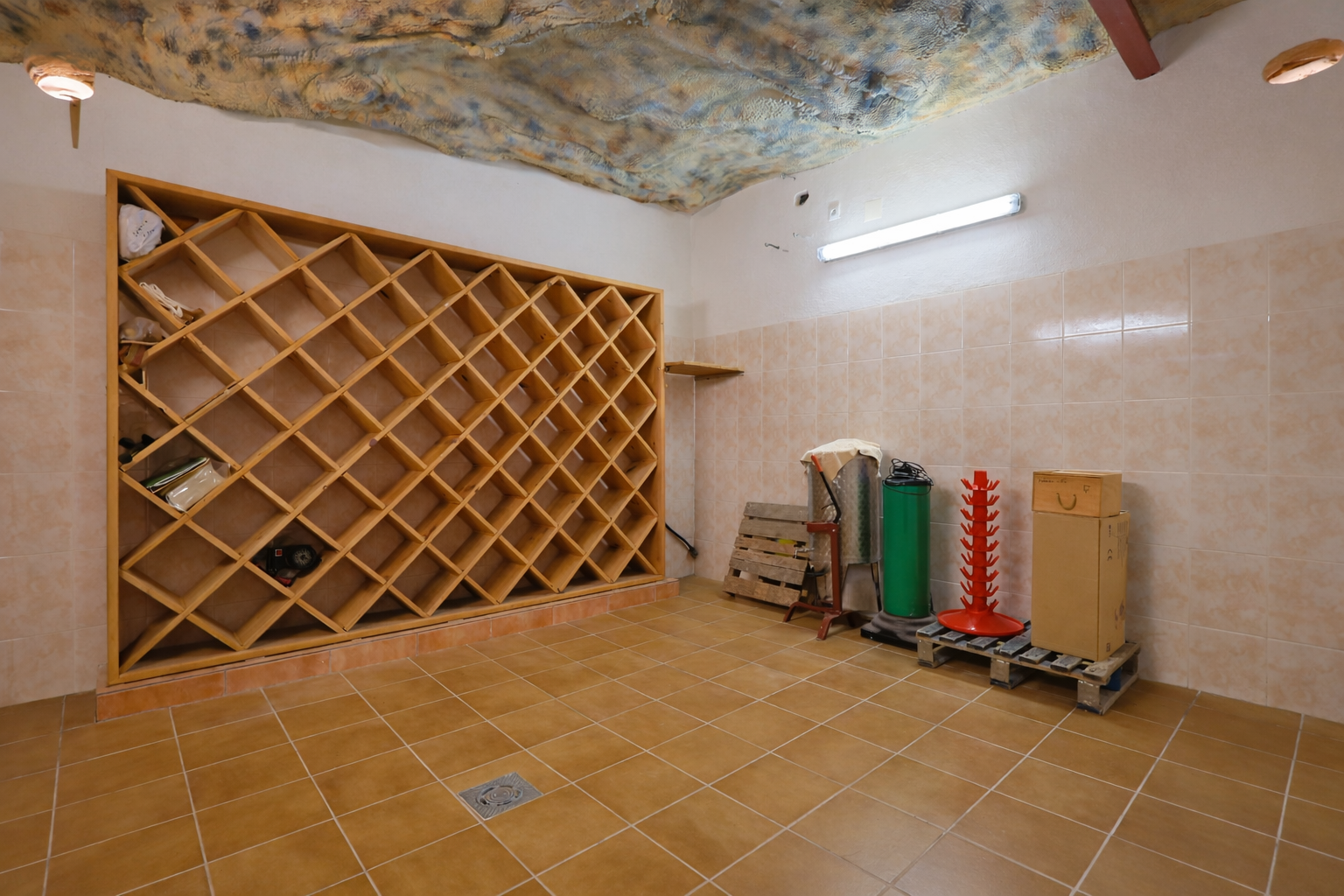 Vaste cave à vin avec un grand casier en bois quadrillé, des murs carrelés et un sol en céramique. Le plafond texturé façon grotte et l'éclairage fonctionnel sont notables. Vaste cave à vin avec un grand casier en bois quadrillé, des murs carrelés et un sol en céramique. Le plafond texturé façon grotte et l'éclairage fonctionnel sont notables.