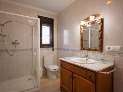 Salle de bain équipée d'une douche vitrée, de toilettes et d'un meuble-lavabo en bois avec un plan de travail en marbre. Les murs sont carrelés de tons clairs.