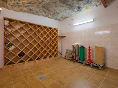 Vaste cave à vin avec un grand casier en bois quadrillé, des murs carrelés et un sol en céramique. Le plafond texturé façon grotte et l'éclairage fonctionnel sont notables.