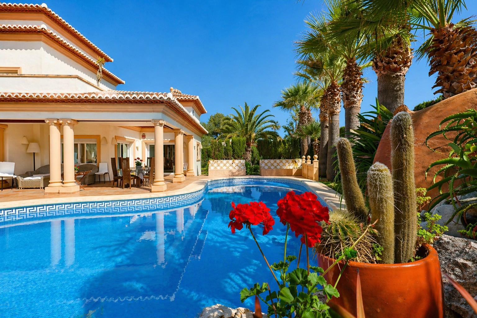 La piscine accueillante avec sa frise en mosaïque grecque encadre une vaste terrasse couverte, avec élégants espaces repas et salon extérieurs, entourée de palmiers et cactus méditerranéens.