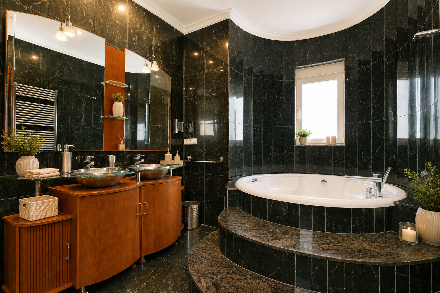 Salle de bain élégante avec carrelage effet marbre vert foncé, baignoire courbe encastrée sur des marches en pierre et double vasque en verre sur meuble en bois.