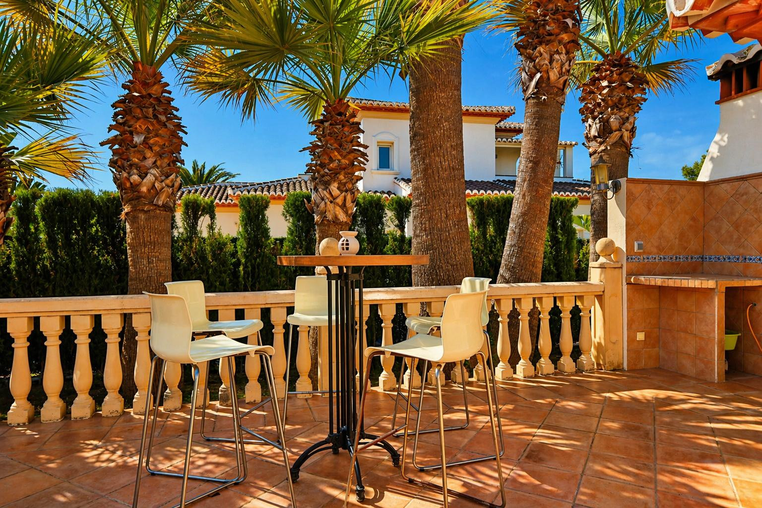 Terrasse extérieure avec carrelage en terre cuite, balustrade classique et un ensemble table haute avec tabourets. Un espace barbecue intégré et des palmiers procurent de l'ombre.