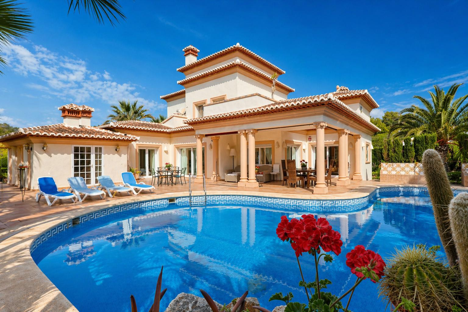 Vue extérieure de la villa avec piscine incurvée en mosaïque bleue et transats. La terrasse couverte à colonnes propose des espaces salon et salle à manger extérieurs, avec accès direct au jardin.