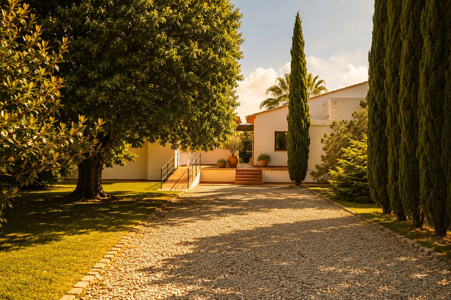 Allée de gravier menant à la maison principale méditerranéenne blanche, bordée d'un grand arbre feuillu et d'une rangée de cyprès élancés, avec des marches en terre cuite et une rampe d'accès. Allée de gravier menant à la maison principale méditerranéenne blanche, bordée d'un grand arbre feuillu et d'une rangée de cyprès élancés, avec des marches en terre cuite et une rampe d'accès.