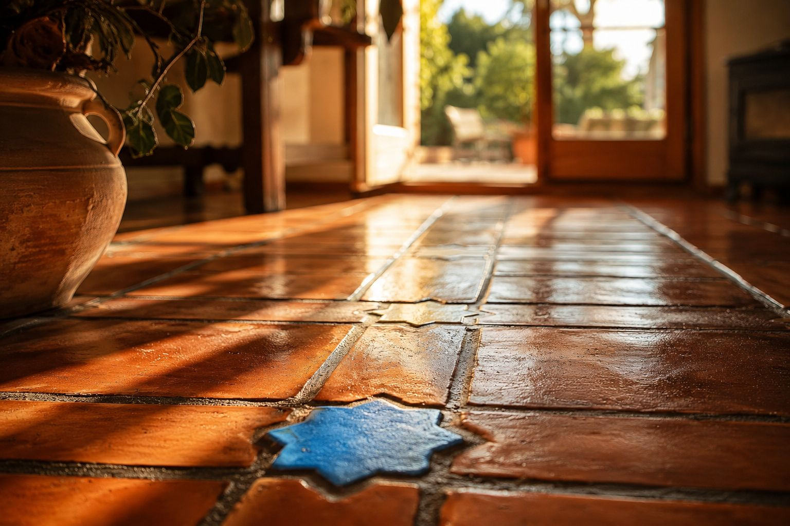 Carrelage en terre cuite artisanale avec un motif étoile bleue, éclairé par la lumière naturelle provenant de l'extérieur. Carrelage en terre cuite artisanale avec un motif étoile bleue, éclairé par la lumière naturelle provenant de l'extérieur.