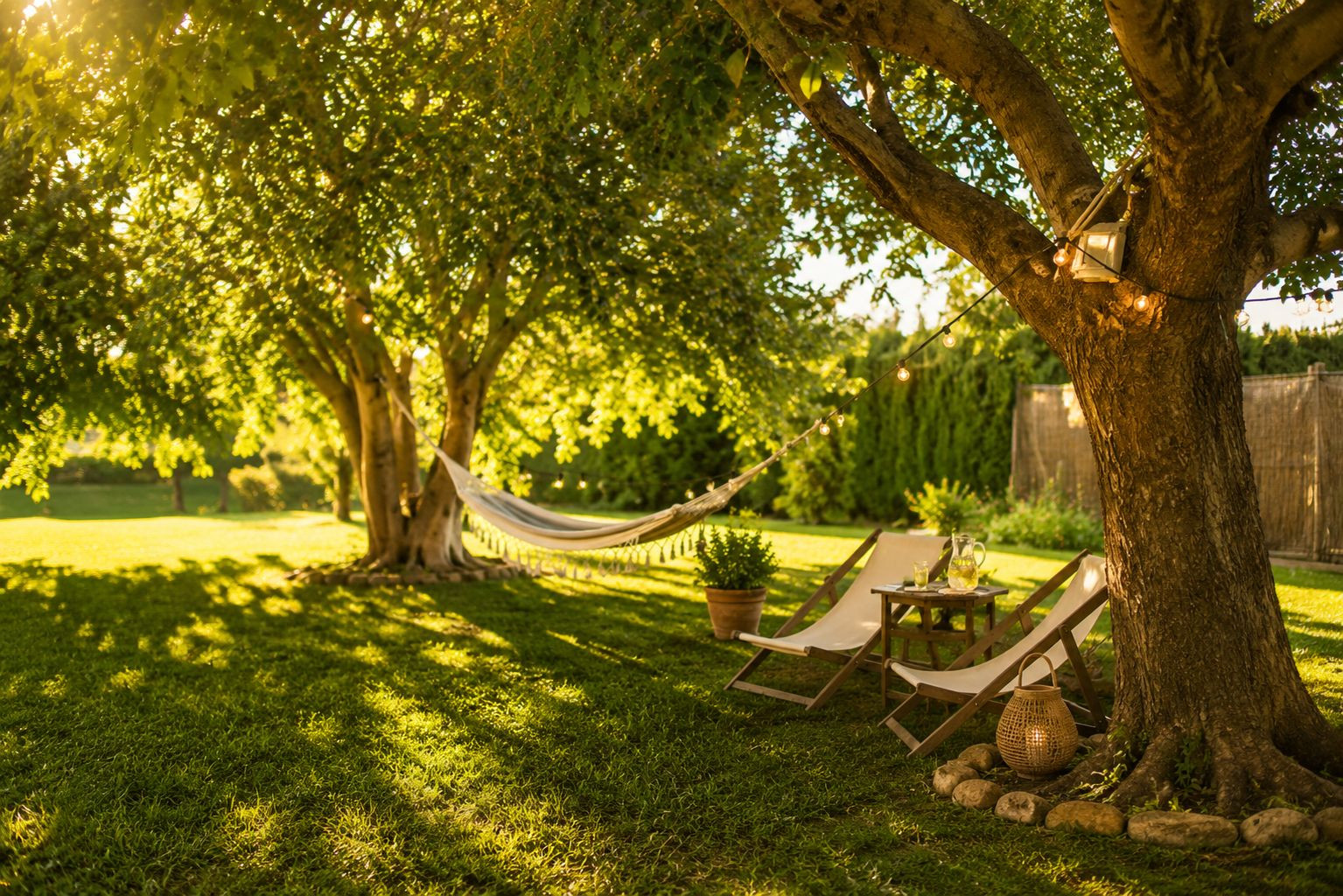 Jardin verdoyant avec grands arbres diffusant une lumière naturelle. Un hamac, des chaises longues et une table basse créent un espace de détente idyllique sous les guirlandes lumineuses. Jardin verdoyant avec grands arbres diffusant une lumière naturelle. Un hamac, des chaises longues et une table basse créent un espace de détente idyllique sous les guirlandes lumineuses.