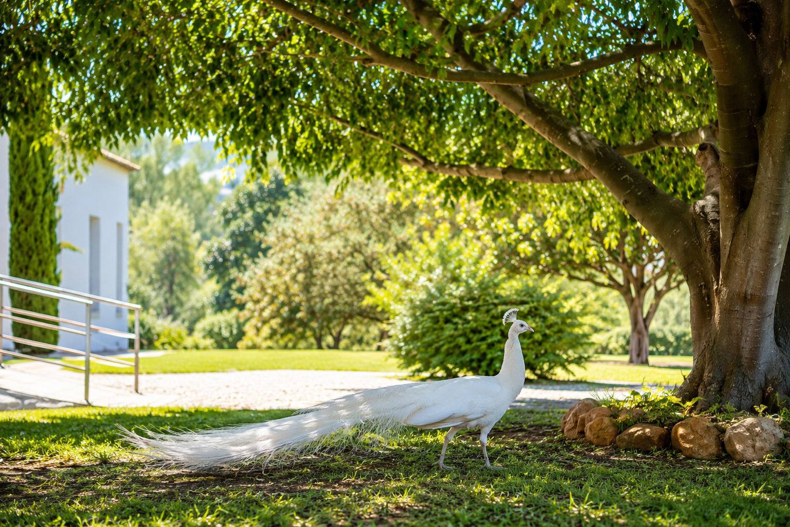Un paon blanc se promène sur une pelouse ensoleillée sous un grand arbre, avec un bâtiment blanc moderne et une balustrade en arrière-plan. Un paon blanc se promène sur une pelouse ensoleillée sous un grand arbre, avec un bâtiment blanc moderne et une balustrade en arrière-plan.