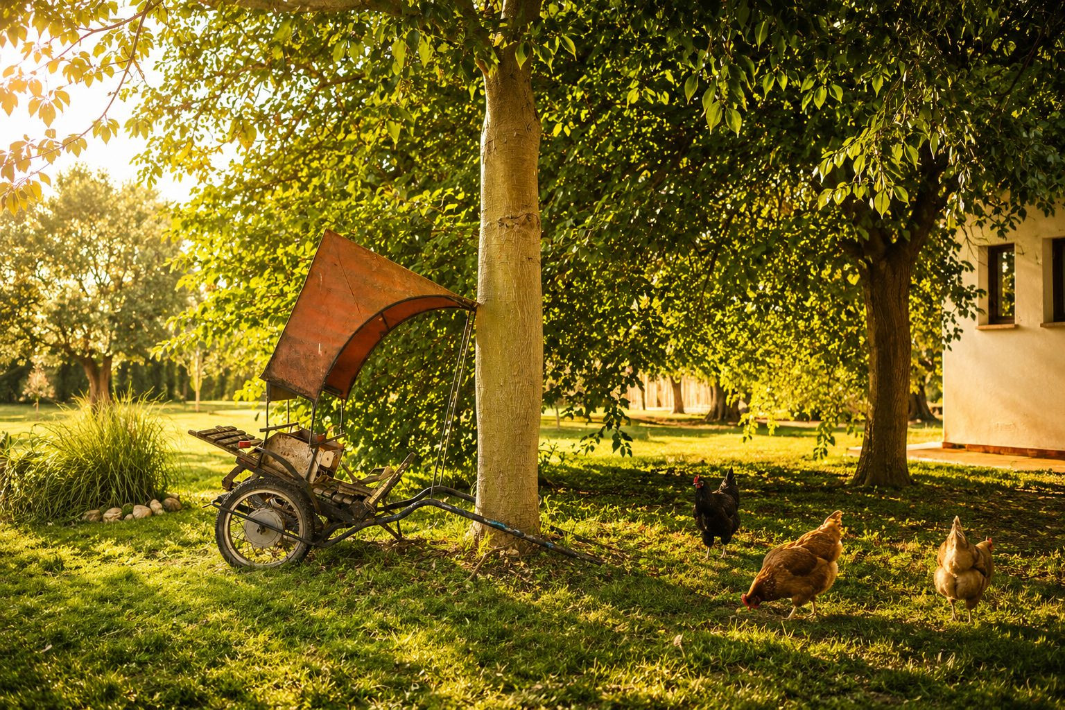 Une charrette rustique à deux roues avec auvent orange repose sous un arbre, tandis que trois poules paissent sur une pelouse ensoleillée devant un bâtiment éloigné. Une charrette rustique à deux roues avec auvent orange repose sous un arbre, tandis que trois poules paissent sur une pelouse ensoleillée devant un bâtiment éloigné.