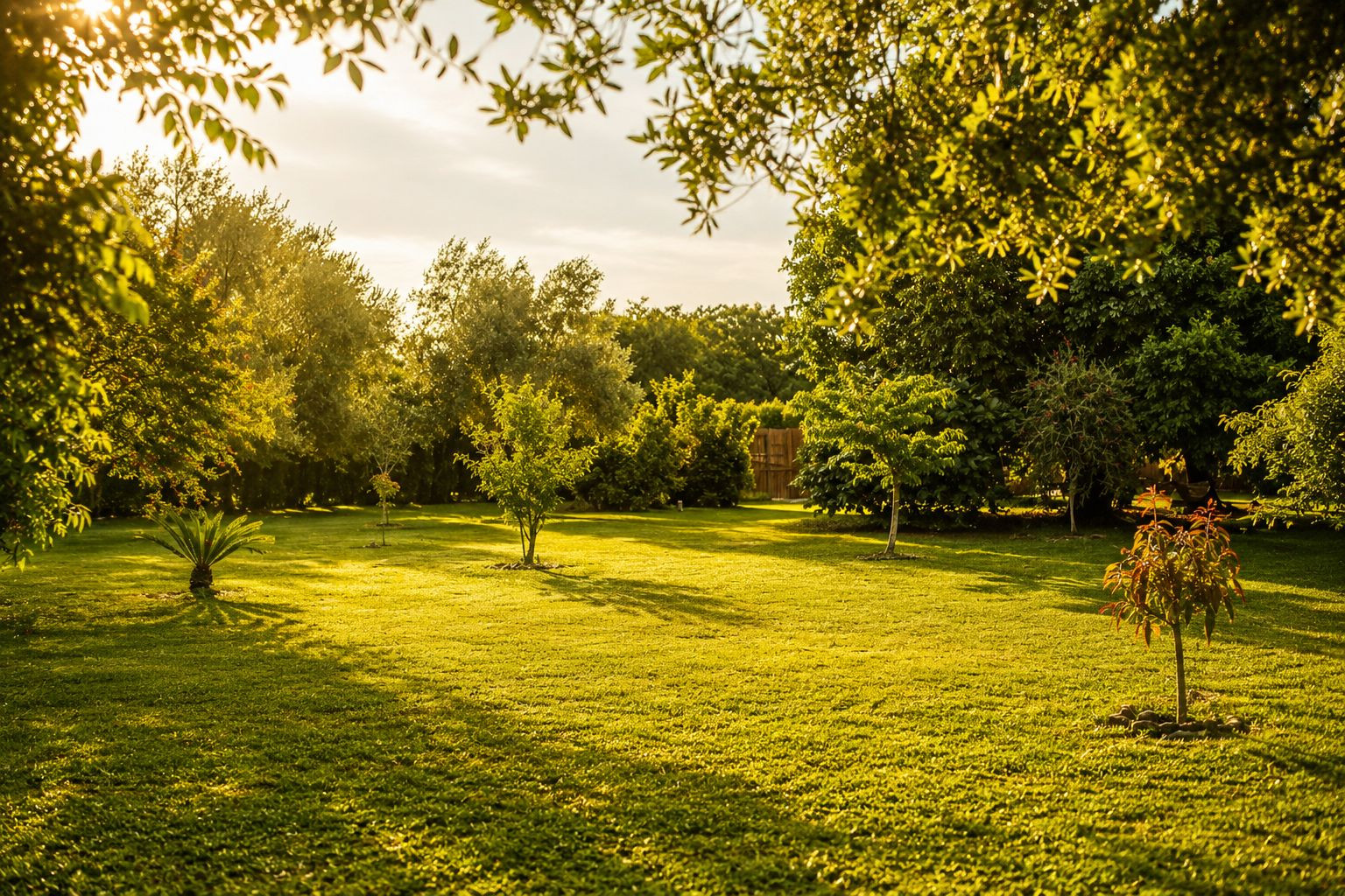 Vaste pelouse entretenue baignée par la lumière dorée du coucher de soleil, avec divers arbres matures et jeunes. De longues ombres s'étirent sur l'herbe verte. Vaste pelouse entretenue baignée par la lumière dorée du coucher de soleil, avec divers arbres matures et jeunes. De longues ombres s'étirent sur l'herbe verte.