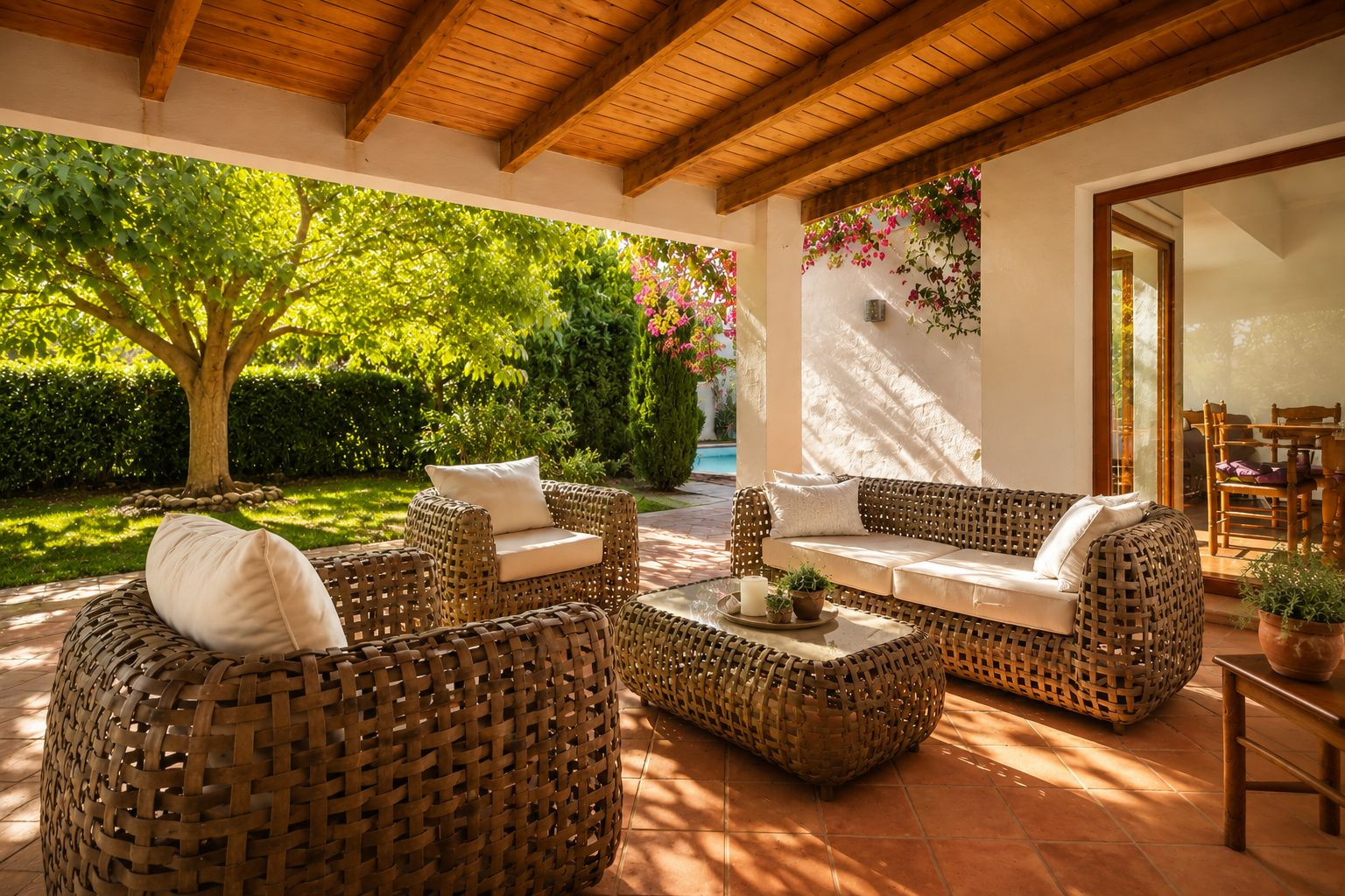 Vaste terrasse couverte avec plafond à poutres en bois et carrelage en terre cuite, aménagée avec des meubles tressés et offrant un accès direct au jardin luxuriant et à la piscine. Vaste terrasse couverte avec plafond à poutres en bois et carrelage en terre cuite, aménagée avec des meubles tressés et offrant un accès direct au jardin luxuriant et à la piscine.