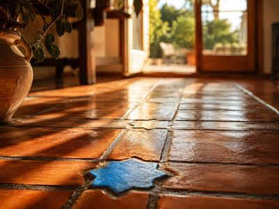 Carrelage en terre cuite artisanale avec un motif étoile bleue, éclairé par la lumière naturelle provenant de l'extérieur.