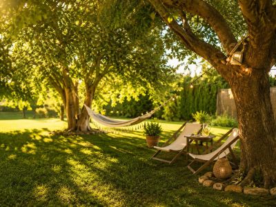 Jardin verdoyant avec grands arbres diffusant une lumière naturelle. Un hamac, des chaises longues et une table basse créent un espace de détente idyllique sous les guirlandes lumineuses.
