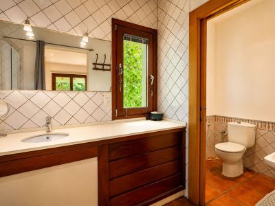 Meuble-lavabo avec vasque intégrée sur plan de travail clair et meuble en bois foncé. Le grand miroir avec appliques et la fenêtre en bois offrent une vue sur la verdure.