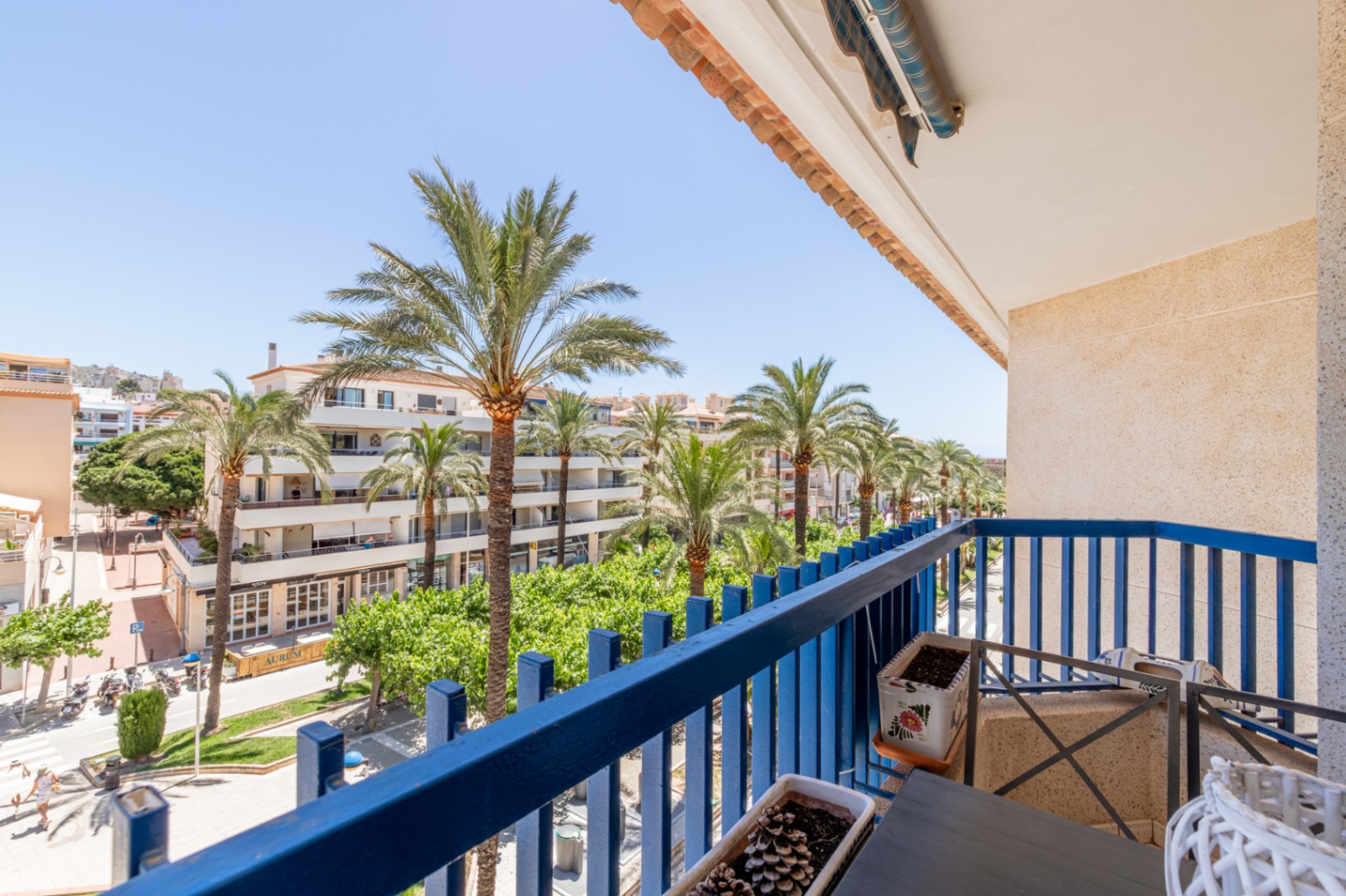 Vue depuis le balcon privé avec balustrade bleue, donnant sur une avenue animée bordée de palmiers et d'immeubles résidentiels sous un ciel dégagé.