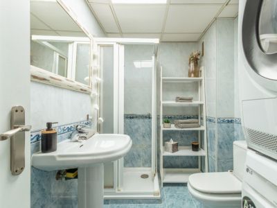 Salle de bain fonctionnelle avec carrelage bleu clair, lavabo sur pied, cabine de douche et appareils LG empilés. Une étagère échelle offre un rangement pratique.