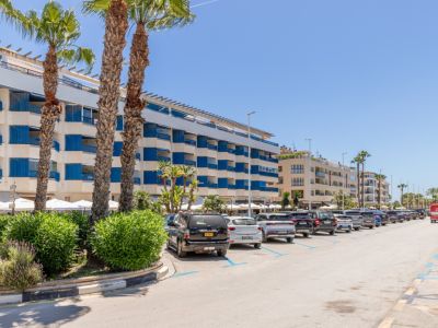 Vue extérieure d'une rue côtière montrant un immeuble à plusieurs étages avec balcons bleus distinctifs, palmiers et voitures stationnées sous un ciel clair.