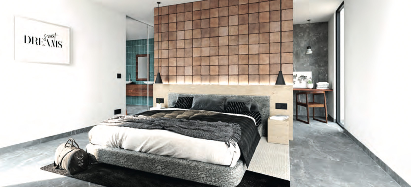 Chambre moderne avec mur d'accent carrelé derrière le lit gris rembourré et éclairage intégré. Un coin bureau et une salle de bain attenante aux carreaux turquoise sont visibles. Chambre moderne avec mur d'accent carrelé derrière le lit gris rembourré et éclairage intégré. Un coin bureau et une salle de bain attenante aux carreaux turquoise sont visibles.